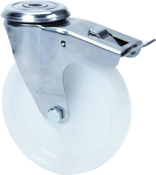 Rueda de acero inoxidable alimentación químicas roll-tainers frigoríficos alta y media carga agujero freno poliamix blanco Alex