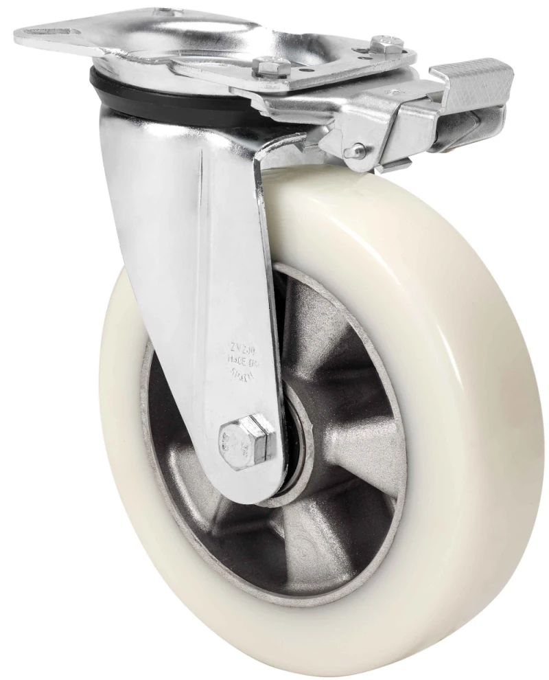 Rueda media carga industrial bloqueo direccional goma elástica gris no deja huella Alex