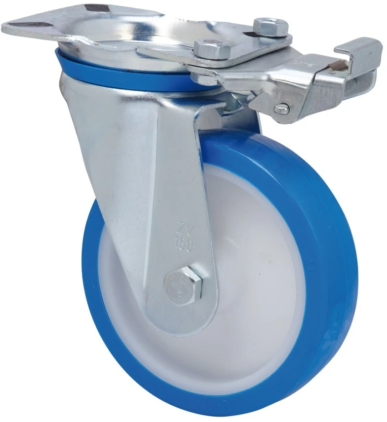 Rueda industrial bloqueo direccional giratoria medias cargas poliuretano inyectado blando azul Alex