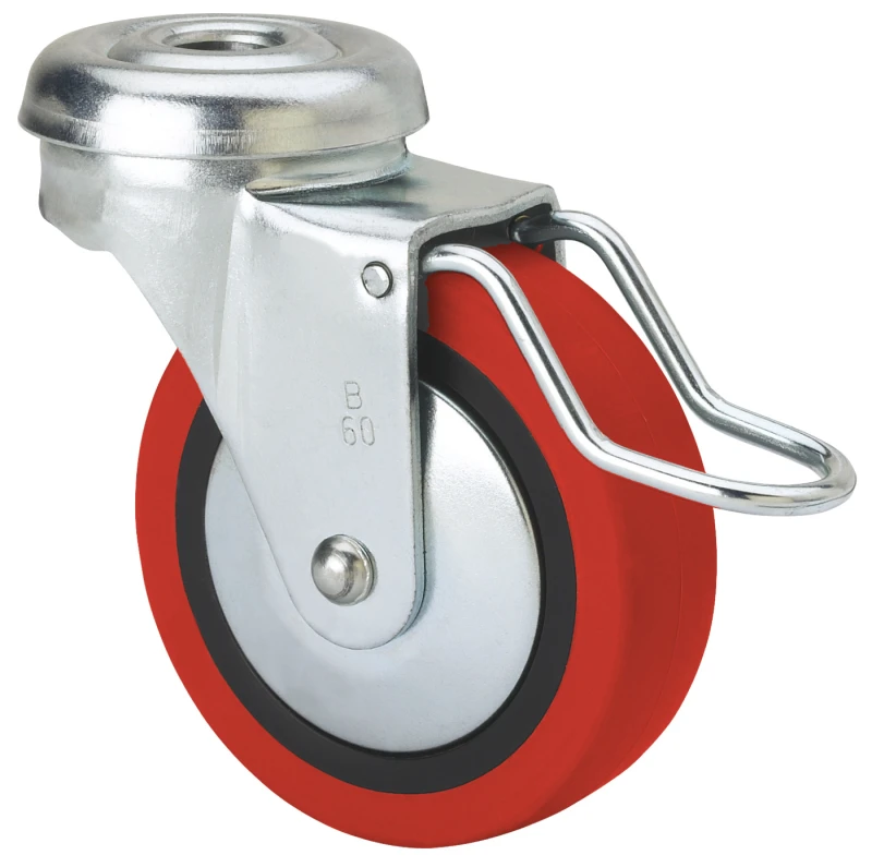 Rueda para muebles auxiliares decoración expositores agujero pasante con freno de hierro poliuretano rojo Alex