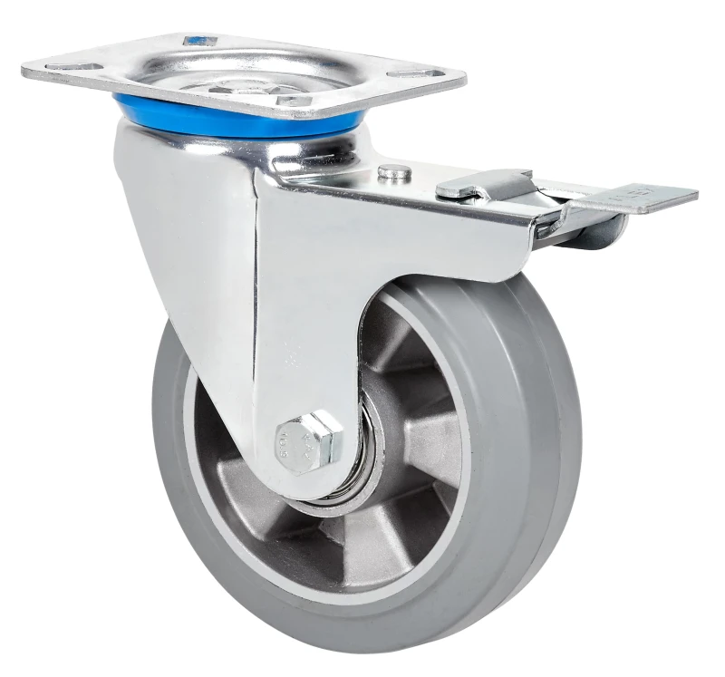 Rueda para mobiliario clínico hostelería colectividades espiga roscada con freno goma termoplástica gris Alex