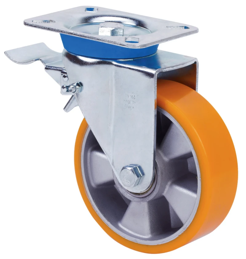 Rueda alta y media carga carretillas industriales químicas metalúrgicas giratoria con freno poliuretano fundido naranja Alex