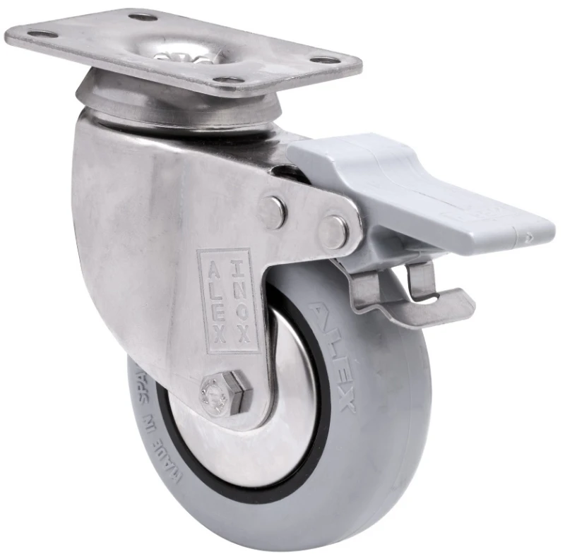 Rueda de acero inoxidable alta y media carga giratoria con freno goma gris inyectada Alex