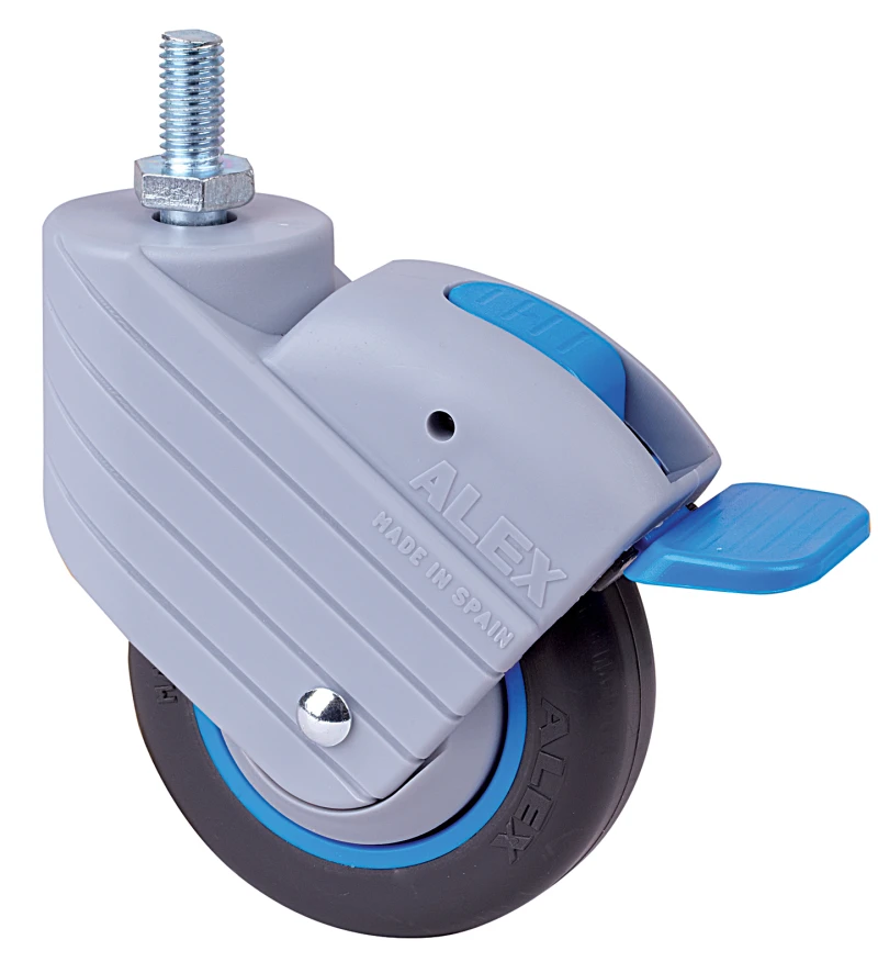 Rueda para hostelería mobiliario clínico hospitalario de espiga roscada freno poliamix y goma negra Alex