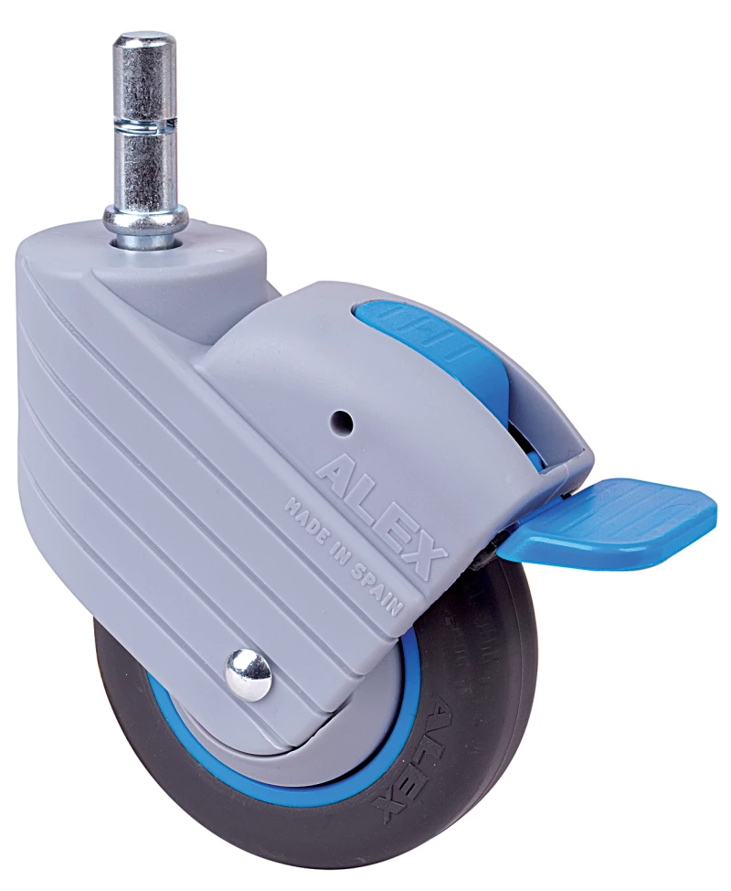 Rueda para hostelería mobiliario clínico hospitalario de espiga lisa freno poliamix y goma negra Alex