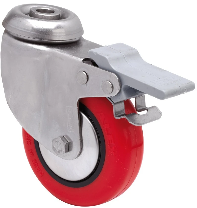 Rueda de acero inoxidable alta y media carga agujero con freno poliuretano inyectado rojo Alex