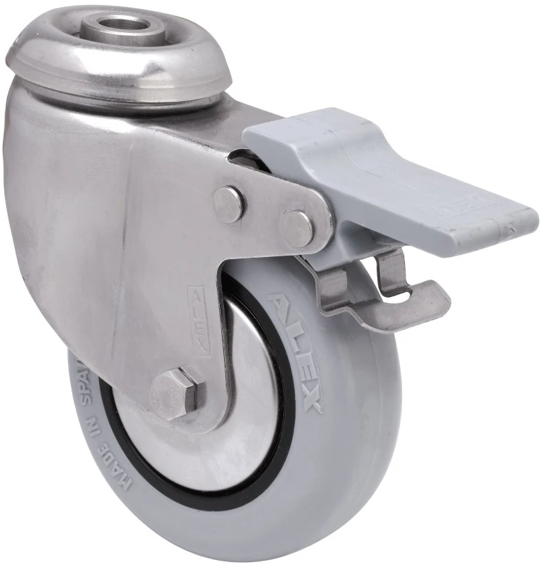 Rueda de acero inoxidable alta y media carga agujero con freno goma gris inyectada Alex