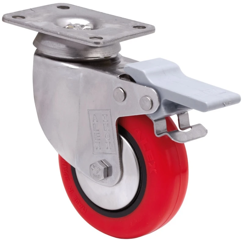 Rueda de acero inoxidable alta y media carga giratoria con freno poliuretano inyectado rojo Alex