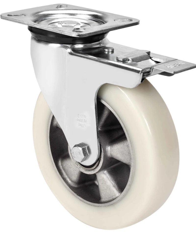 Rueda media carga industrial giratoria con freno goma elástica gris no deja huella Alex