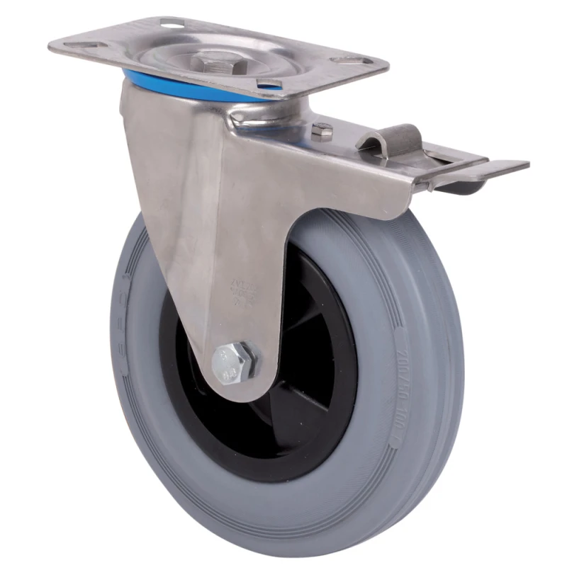 Rueda de acero inoxidable alimentación carros hostelería alta y media carga giratoria con freno goma gris natural Alex