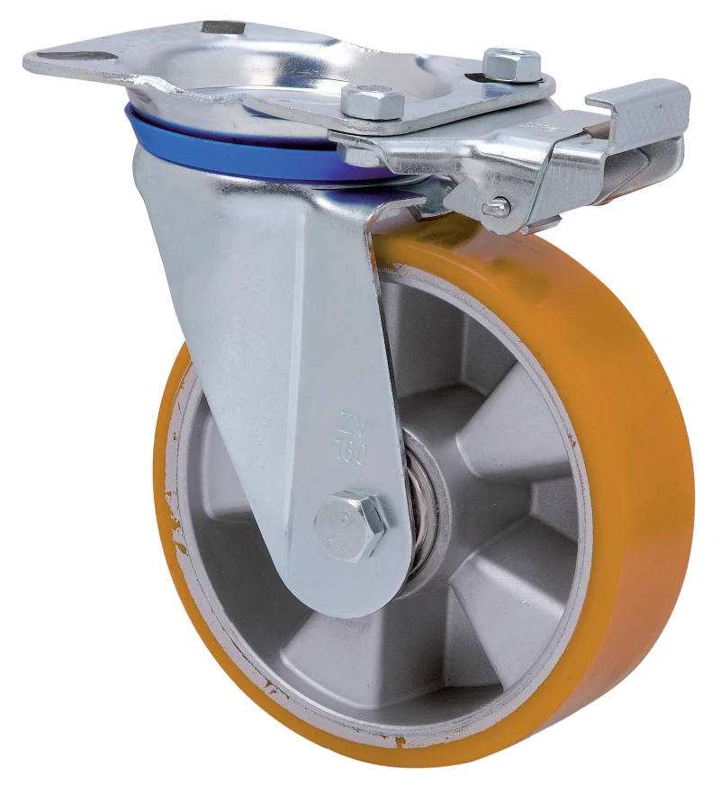 Rueda industrial bloqueo direccional giratoria medias cargas poliuretano fundido naranja Alex