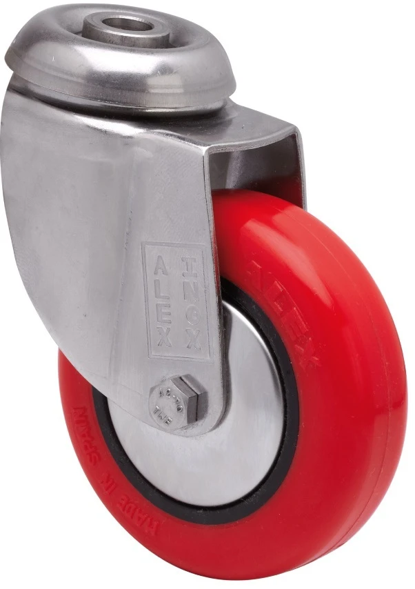 Rueda de acero inoxidable alta y media carga agujero poliuretano inyectado rojo Alex