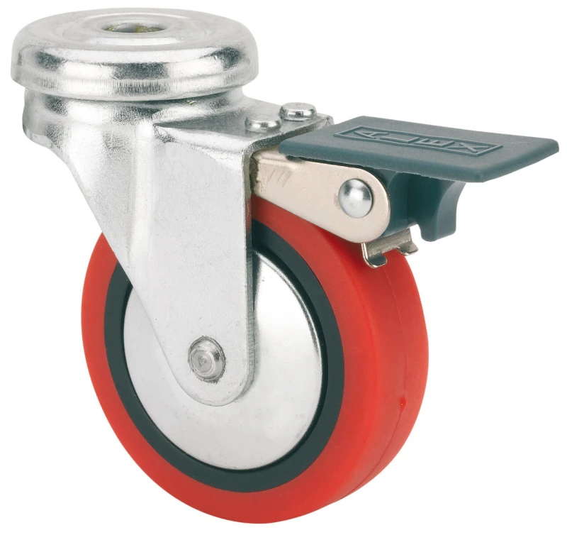 Rueda para muebles auxiliares decoración expositores agujero pasante con freno poliuretano rojo Alex