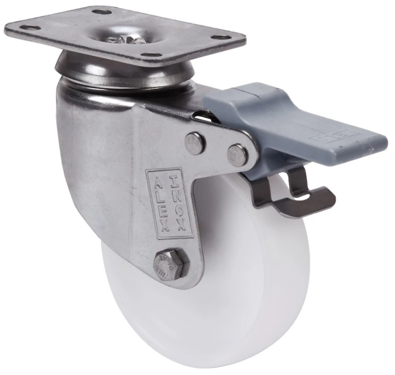 Rueda de acero inoxidable alta y media carga giratoria con freno poliamix blanco Alex