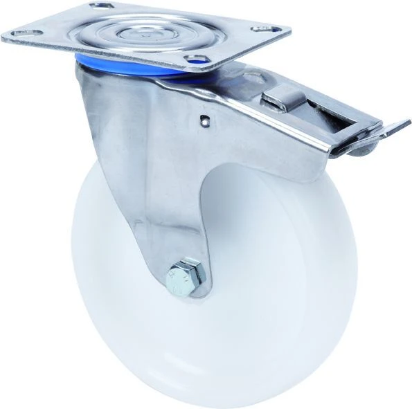 Rueda de acero inoxidable alimentación químicas roll-tainers frigoríficos alta y media carga giratoria freno poliamix blanco Alex