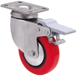 Rueda de acero inoxidable alta y media carga giratoria con freno poliuretano inyectado rojo Alex